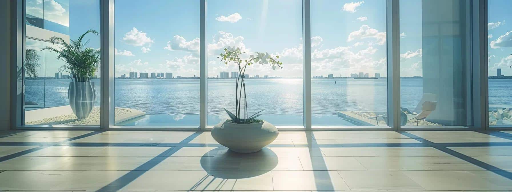 a luxurious south florida home interior features expansive floor-to-ceiling windows that invite an abundance of natural light, elegantly showcasing minimalist decor with neutral tones and subtle bold accents, creating a sophisticated yet inviting atmosphere perfect for high-end remodeling and renovations.