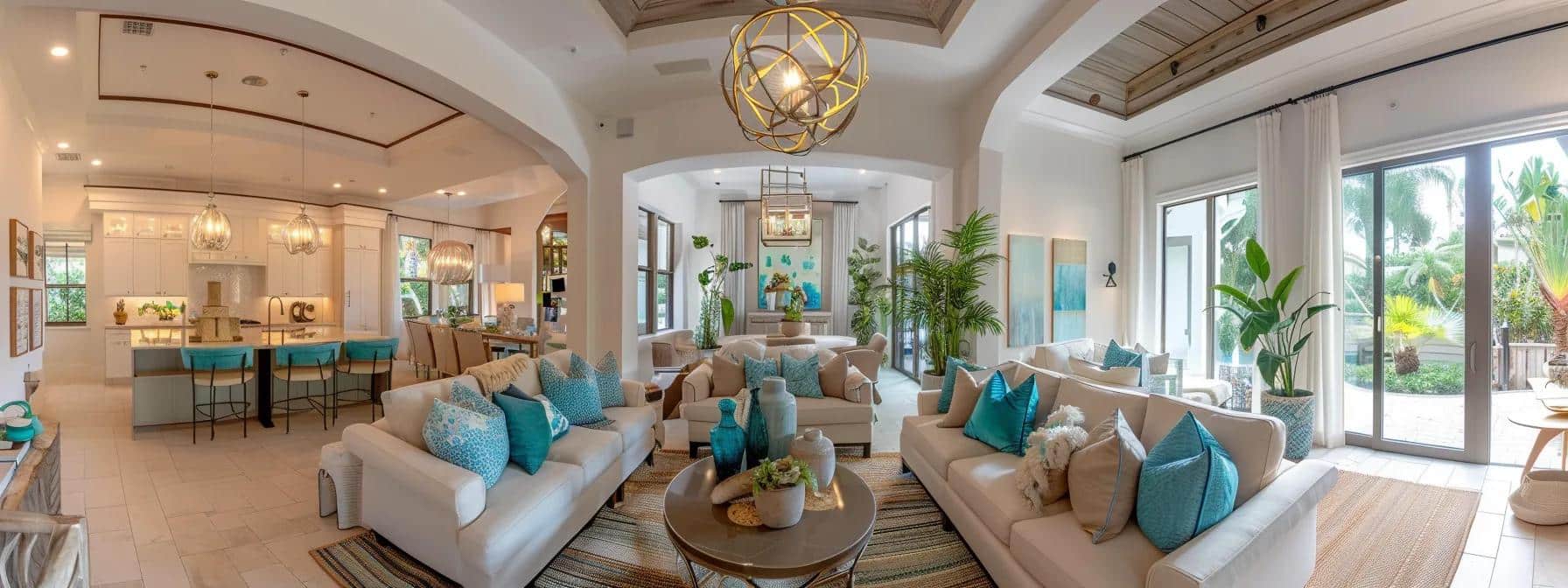 a luxurious south florida living space showcases a harmonious blend of crisp white walls and sandy beige furnishings accented by vibrant turquoise and coral decor, illuminated by soft, modern lighting that enhances the inviting atmosphere.