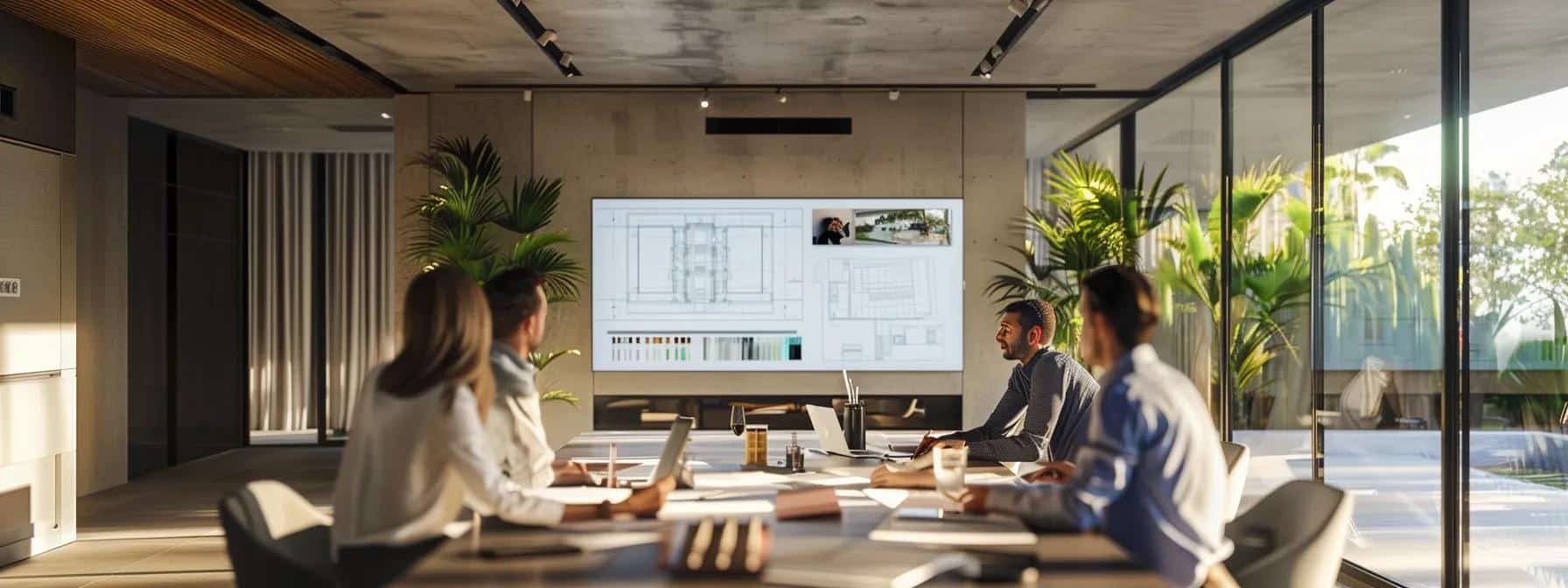 a sleek, contemporary home interior in naples showcases an elegant design build process, featuring a collaborative team of professionals engaged in a dynamic brainstorming session around a polished conference table, with blueprints and digital designs displayed prominently on screens and in the background.