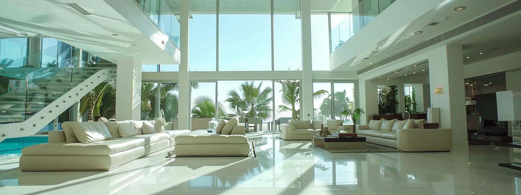 a sophisticated, modern luxury home interior in south florida, showcasing an expansive open layout with sleek furnishings, elegant finishes, and abundant natural light flowing through large, floor-to-ceiling windows that blur the line between indoor comfort and outdoor elegance.