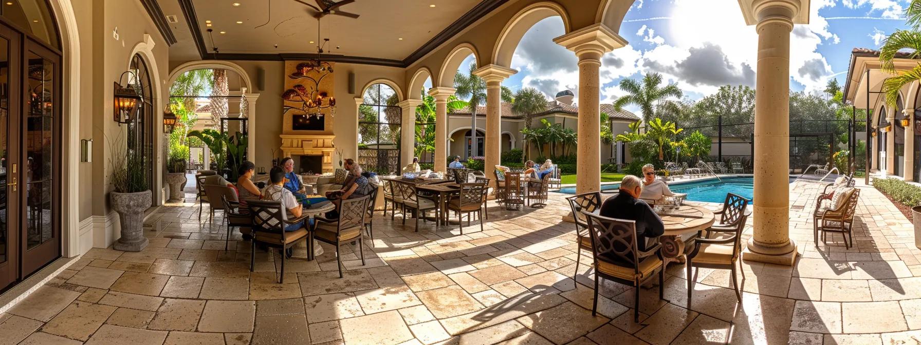 a sophisticated outdoor living space in a south florida home features an elegantly furnished patio with luxurious lounge seating and a stylish dining area, framed by sleek modern architecture and a shimmering pool, capturing the essence of upscale outdoor relaxation and entertainment.