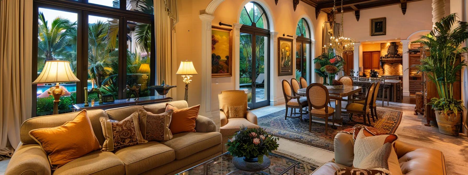 an elegantly furnished luxury living room in a south florida home, showcasing a blend of high-performance furniture with sleek, modern lines, vibrant artisanal accents, and a stylish, inviting ambiance that epitomizes sophisticated indoor living, illuminated by warm, ambient lighting.